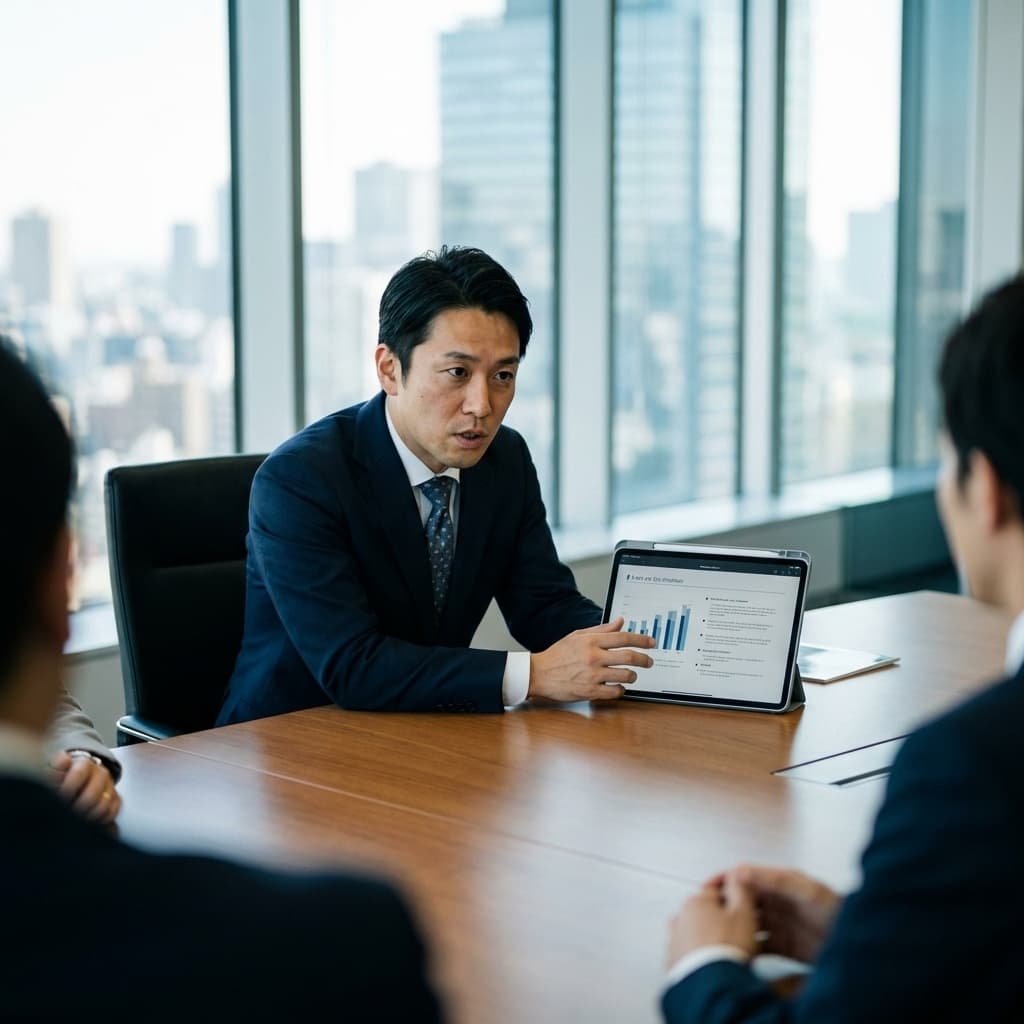 スーツを着た営業マンがiPadのツールを使って商談をしている画像です。