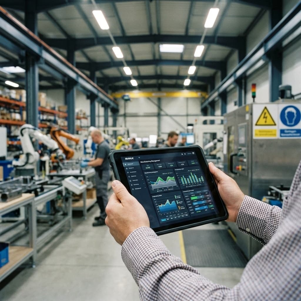 製造業でipadを操作する管理者の画像です。