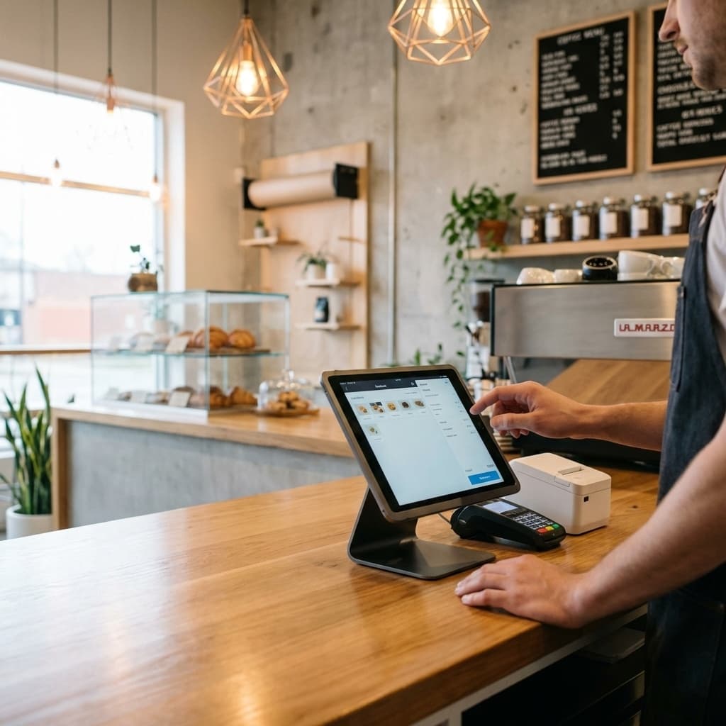 カフェにipadのPOSレジが置いてある画像です。
