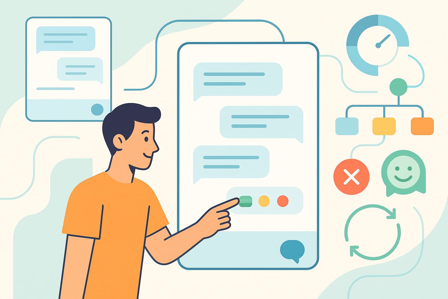 AIとのインタラクション設計を表現した明るいイラスト。チャットインターフェース、プログレス表示、フィードバックループ、ユーザージャーニーフローが幾何学的なデザインで描かれており、人間とAIの協調的な対話プロセスを視覚化している。