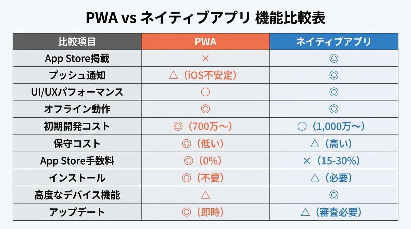 PWAとネイティブアプリの比較表です。