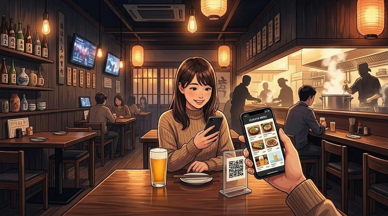 飲食店のモバイルオーダーをQrコードで実現しているイメージ画像です